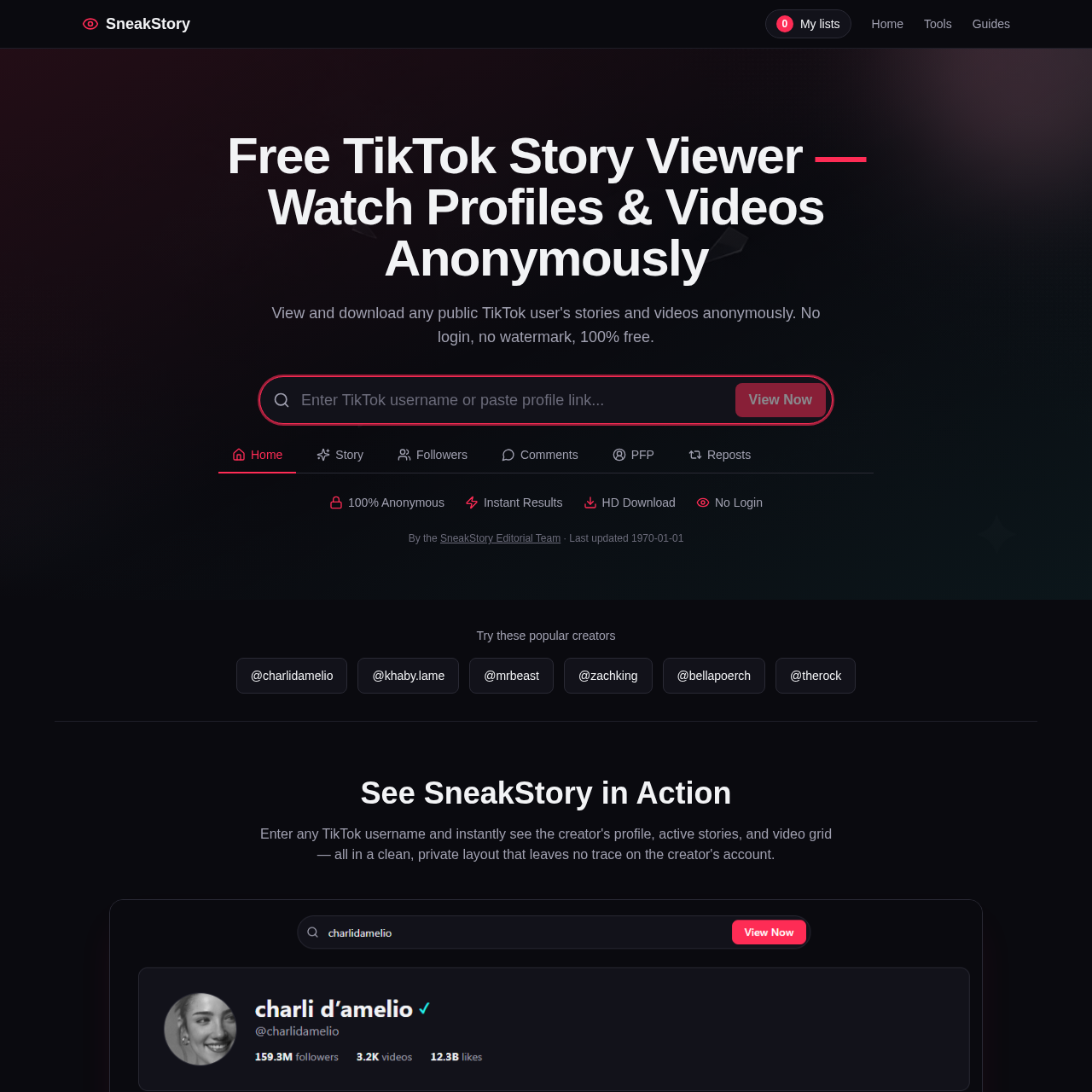 Free anonymous TikTok story and profile viewer — no login, no watermark.