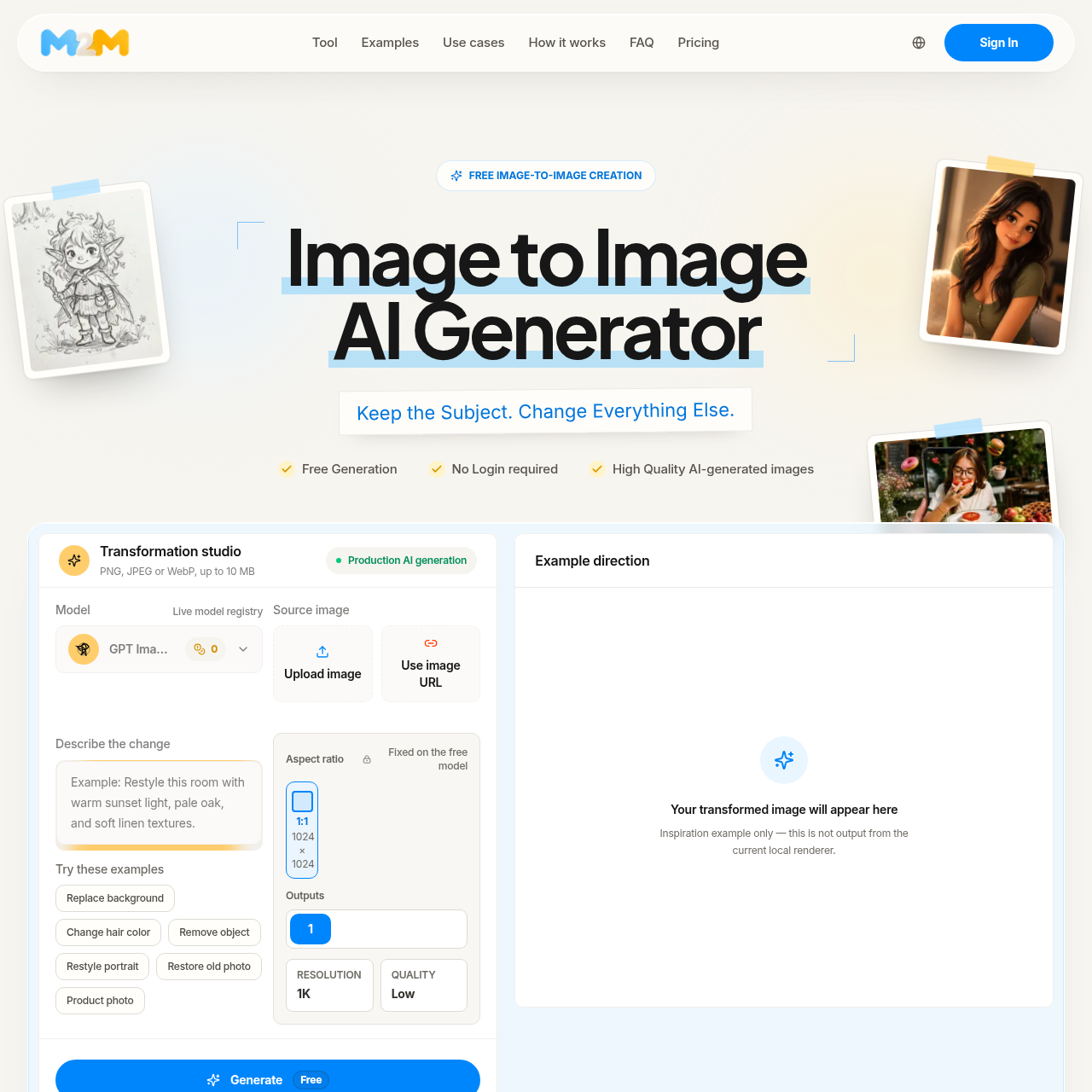 Upload an image, tell the generator what to keep and change, then compare the result with your source.