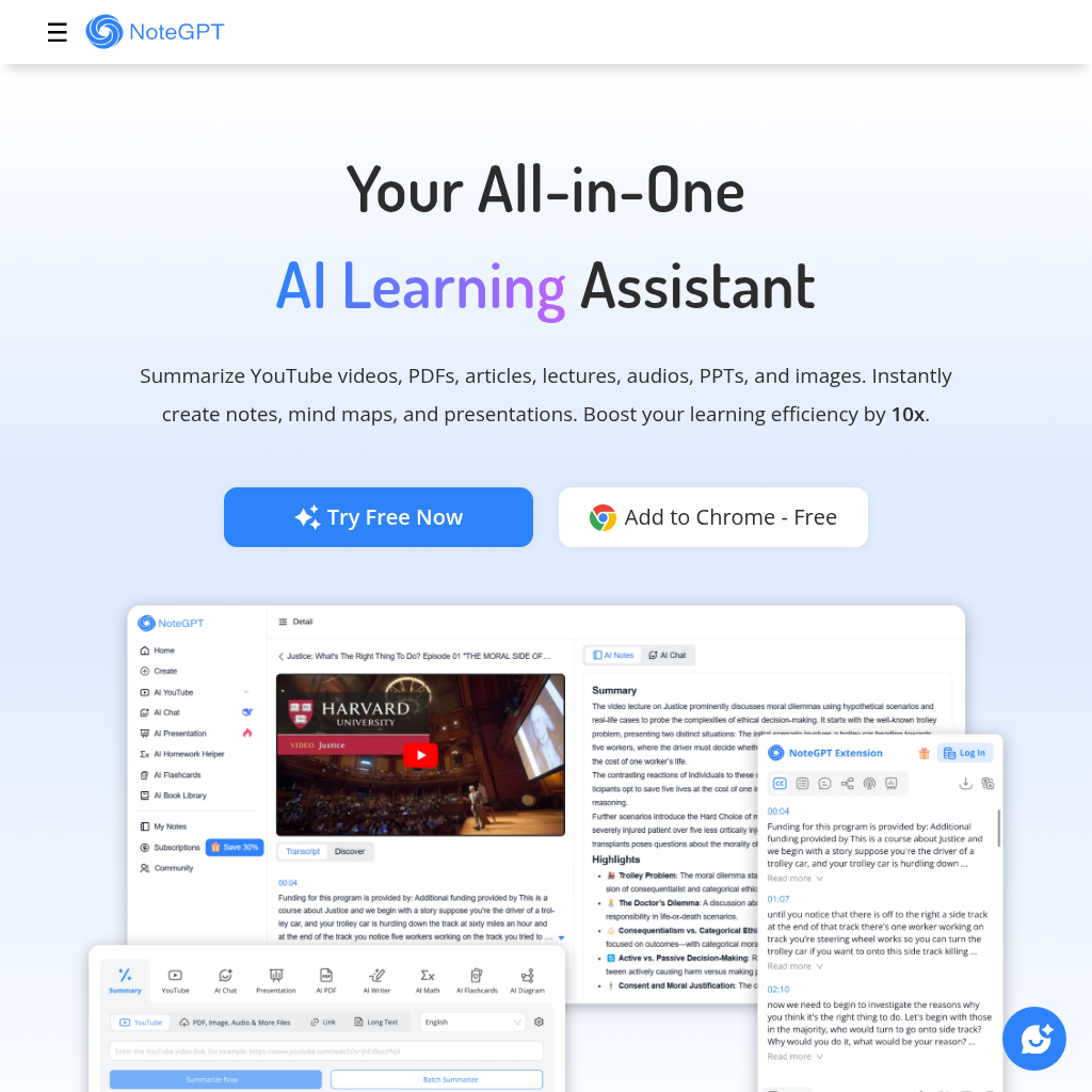 Your All-in-One AI Learning Assistant. Summarize, Chat & Write – Fast & Free.