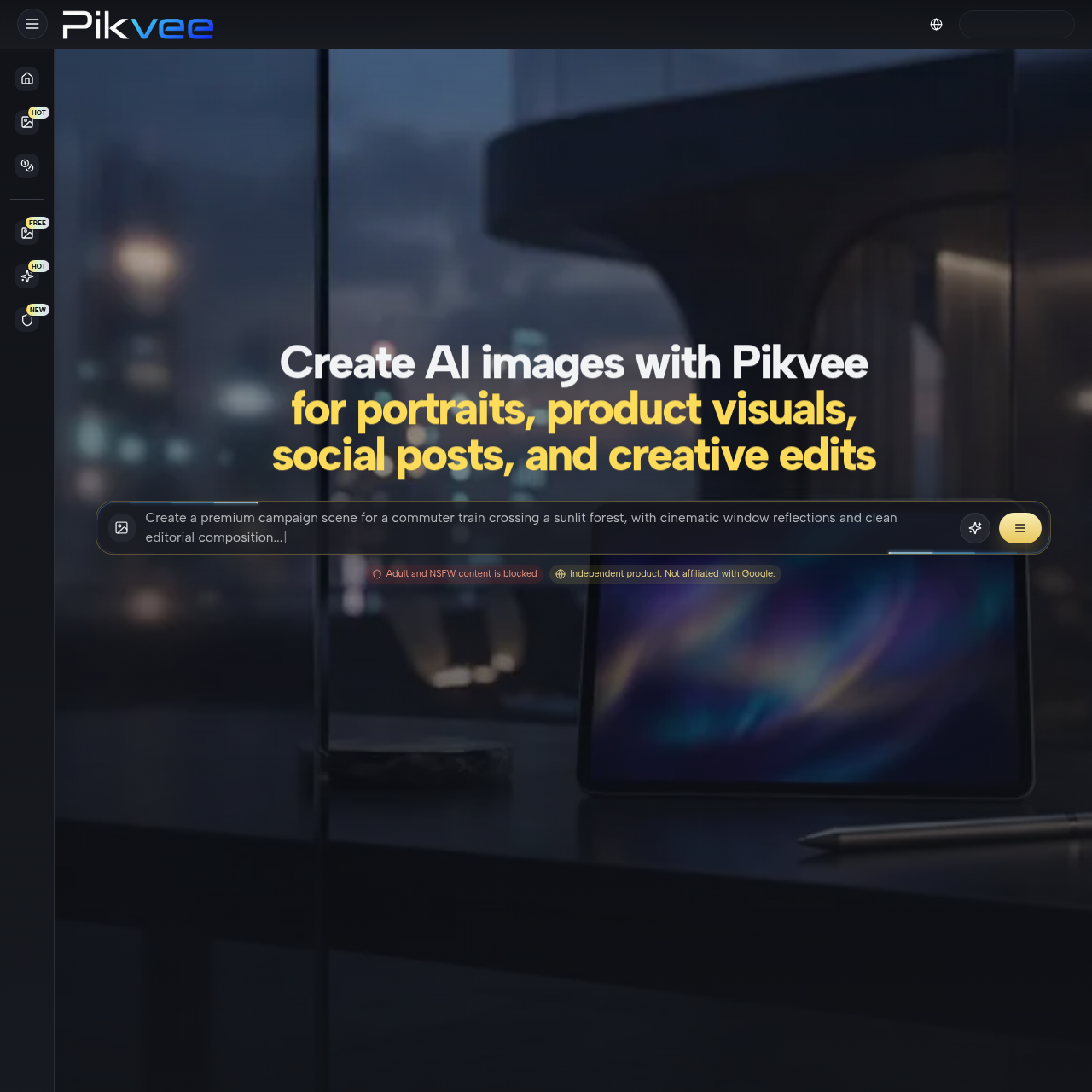 Generate AI images with Pikvee using Nano Banana Pro and GPT Image 2 for product visuals, portraits, social posts, reference photo edits, and creative work.