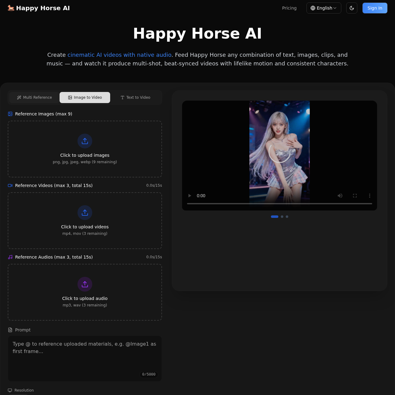 Create Stunning Videos with Happy Horse AI. Turn text, images, and audio into cinematic videos with native sound and lifelike motion.
