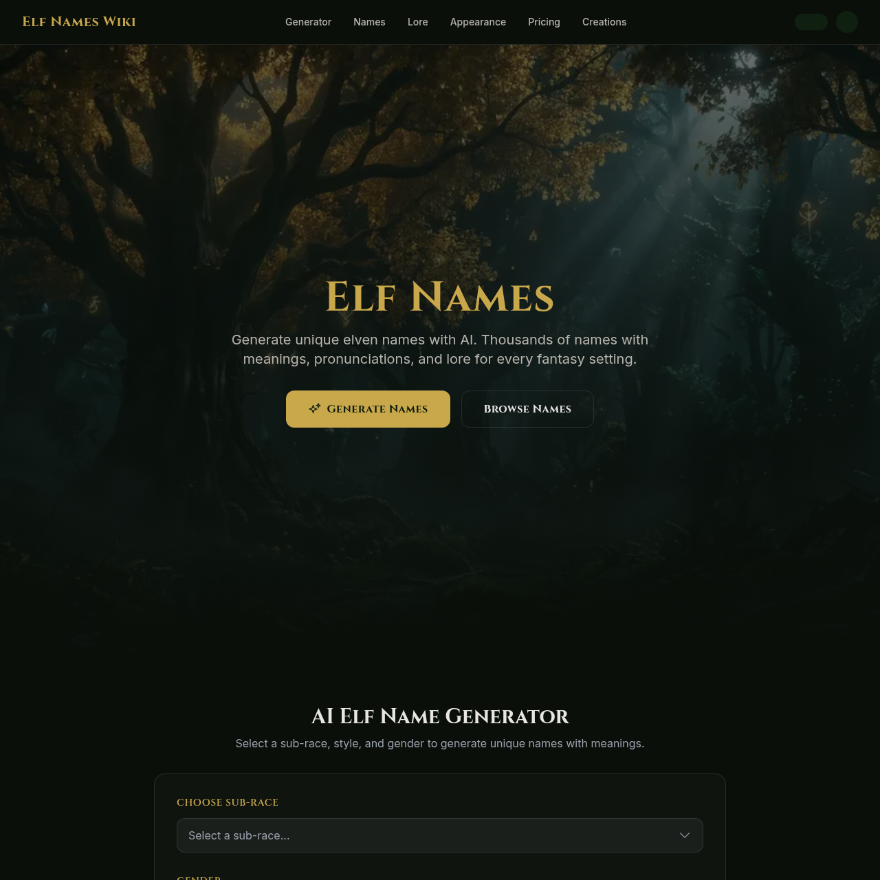 AI-Powered Elf Name Generator & Encyclopedia. Generate unique elf names with meanings for D&D, Lord of the Rings, Elder Scrolls, and more.