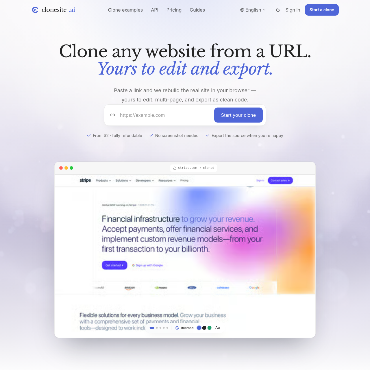 Clone any website from a URL into editable React + Tailwind code