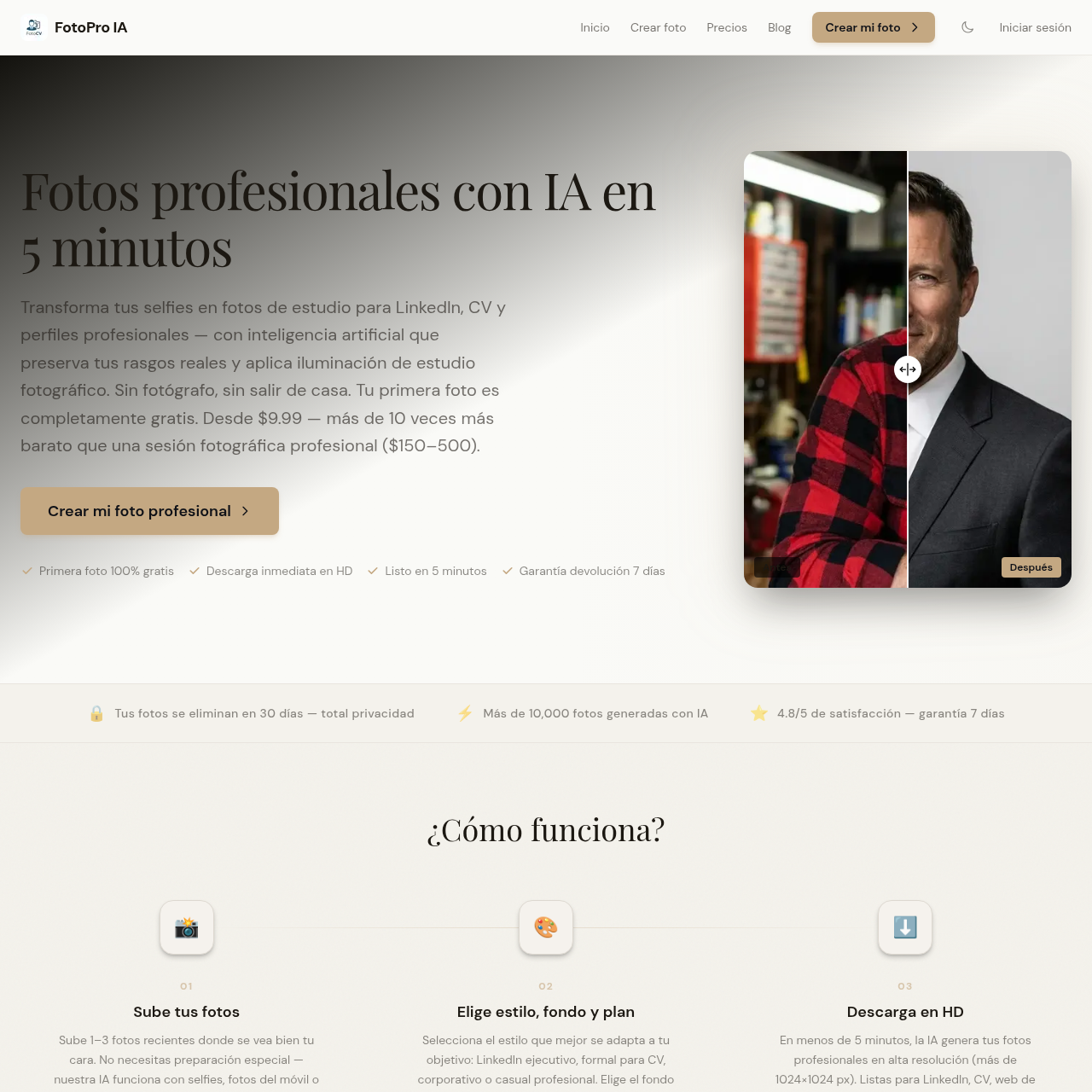 Genera fotos profesionales con IA para CV, LinkedIn y perfiles corporativos, con resultados visibles antes de pagar.
