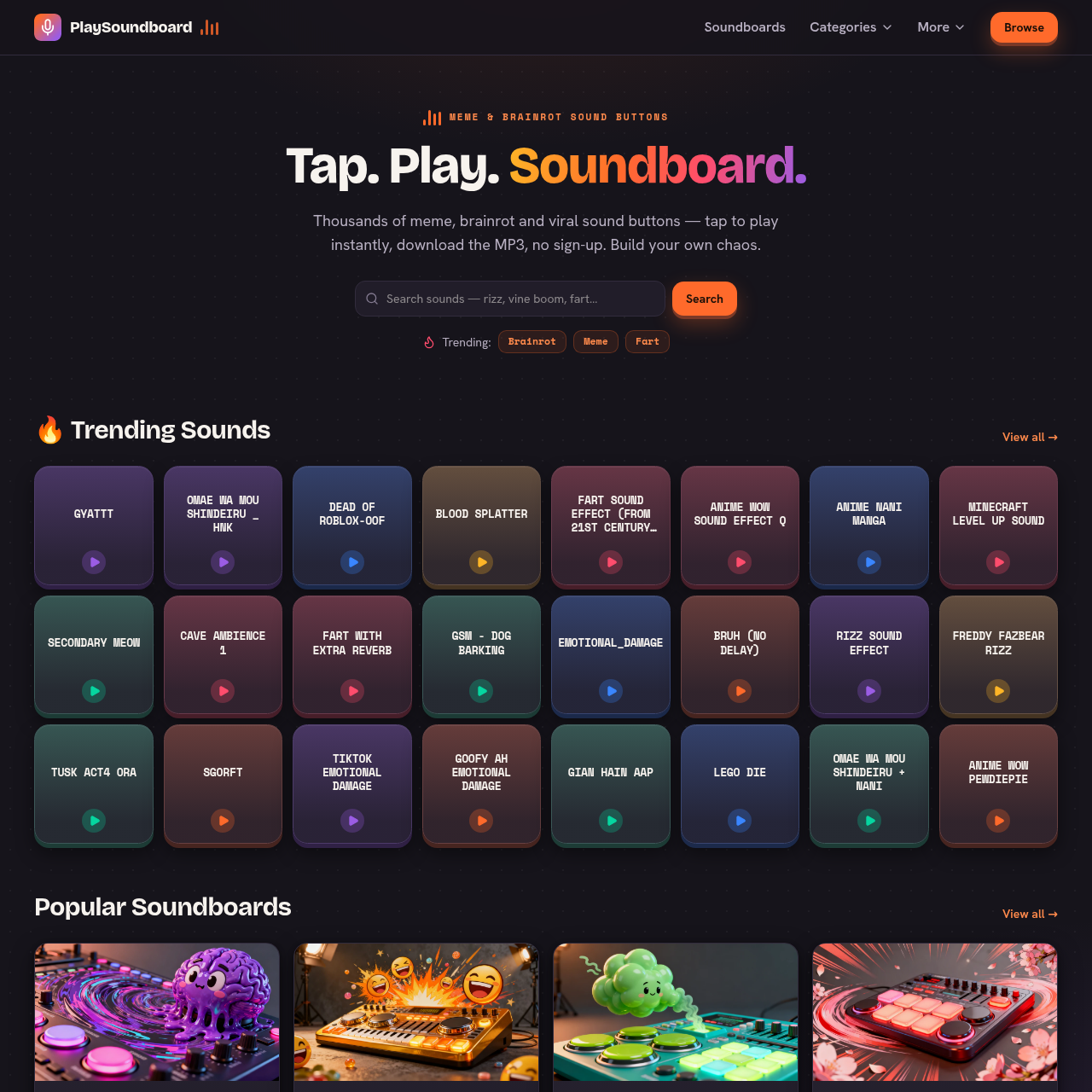 The meme & brainrot soundboard — tap any sound button to play instantly and download the MP3 free.