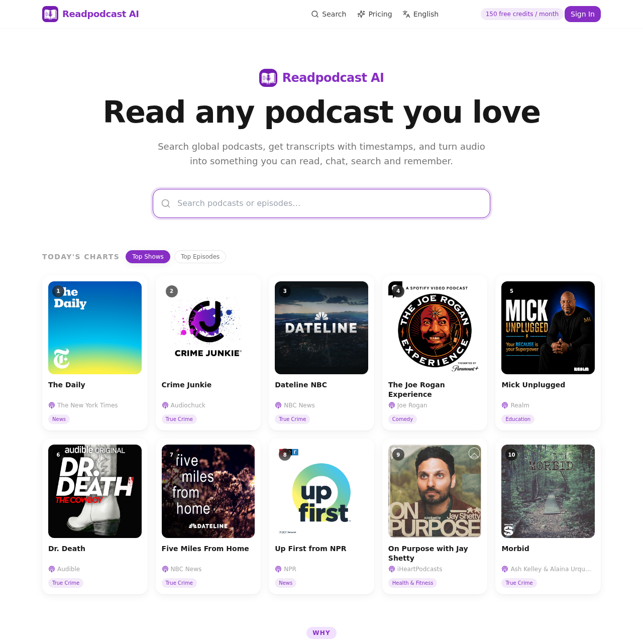 Turn Spotify and Apple Podcasts episodes or YouTube videos into searchable, timestamped transcripts with speaker labels. Get AI summaries, takeaways, quotes, mind maps and chat.