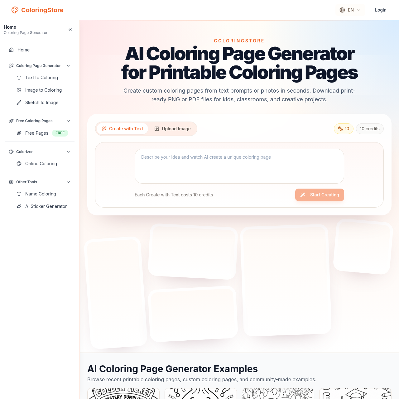 AI coloring page generator for custom printable coloring pages from text prompts or photos.