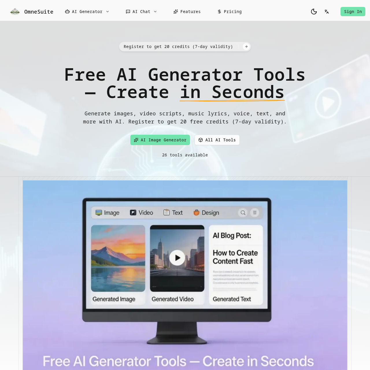 Free AI generator tools for images, video scripts, music lyrics, voice, and text.
