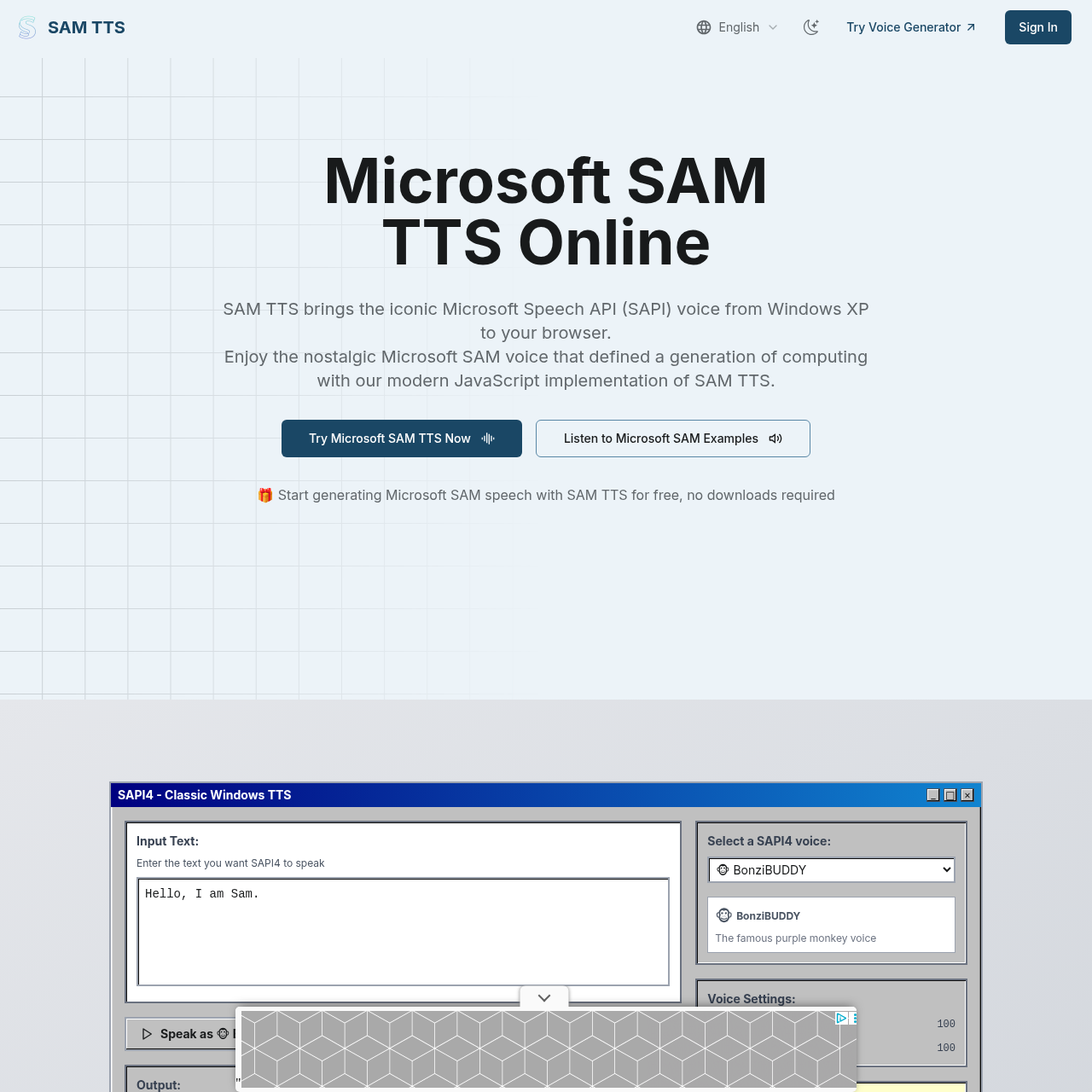 Free browser-based Microsoft SAM text-to-speech generator recreating the classic Windows XP voice.