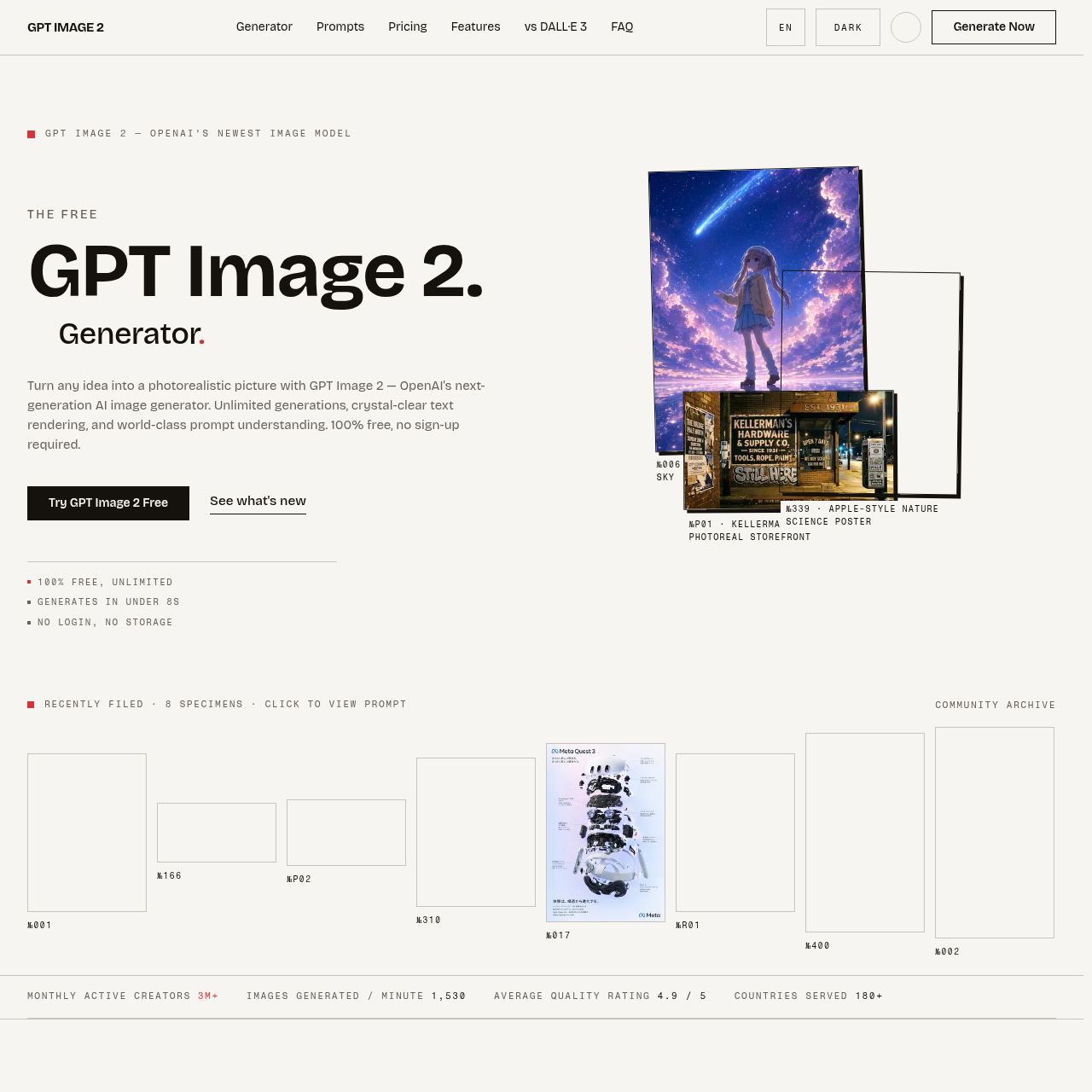 Free AI image generator by OpenAI with photoreal quality, accurate text rendering, and world-class prompt following.