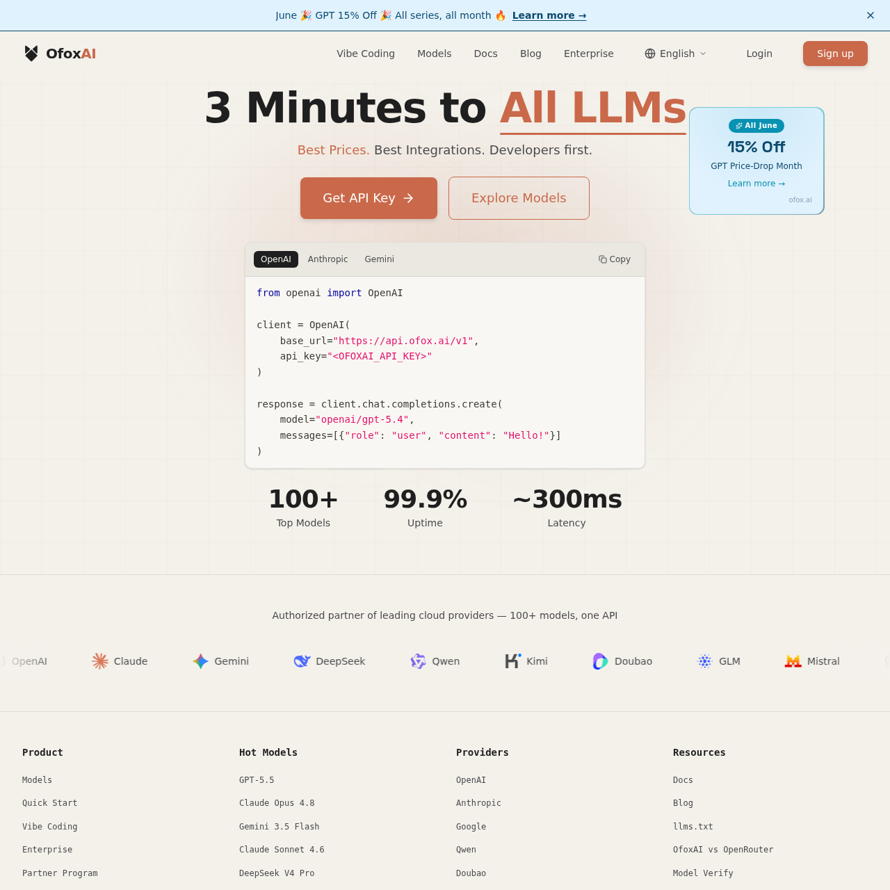 Access more than 100 AI models through one API key.