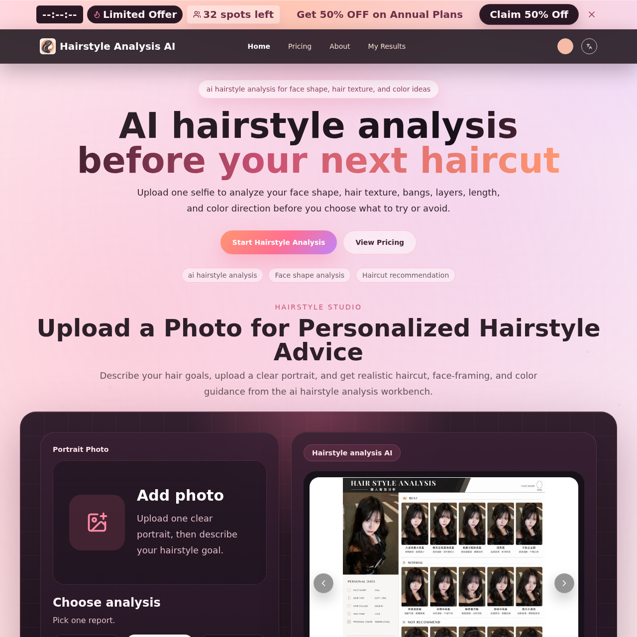 Upload one selfie for AI hairstyle analysis. Get face shape notes, hair type insights, flattering haircut ideas, and a salon-ready visual board.