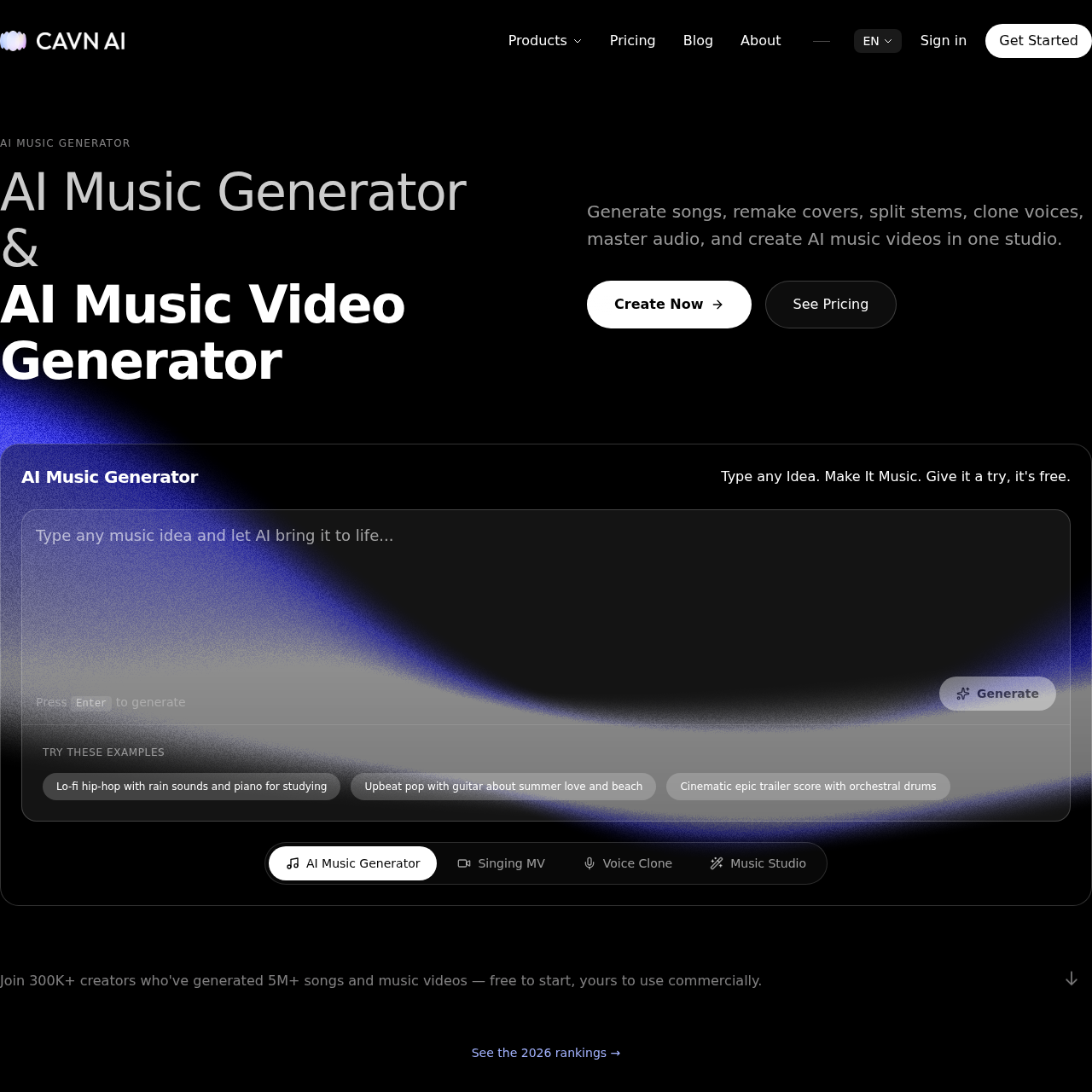 Generate songs and music videos with AI — free to start, free for commercial use.