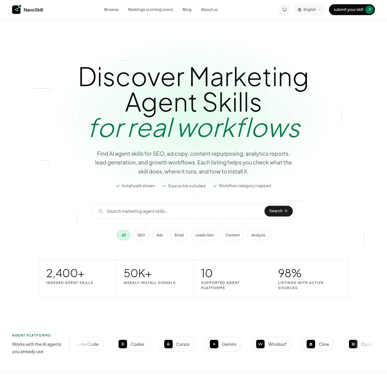 Marketing Agent Skil
ls Directory for SEO, Ads & Email | NanoSkill