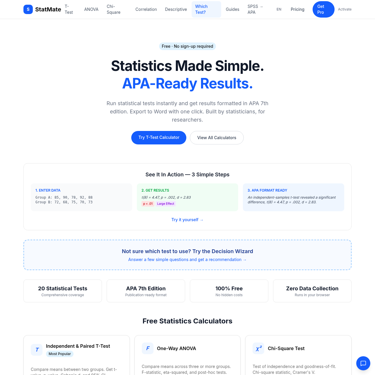 Run browser-based statistical tests and export APA-ready results