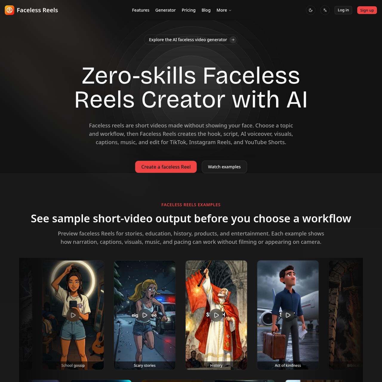 Type a topic and get a ready-to-post faceless video with AI script, voiceover, captions, and music.