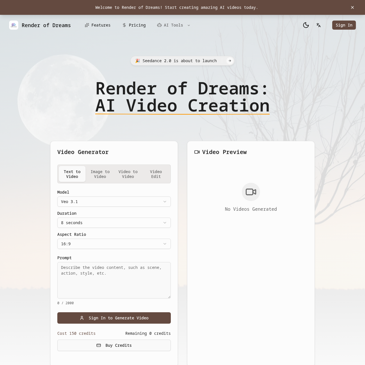 Render of Dreams | AI Video Generator: Sora2 & Seedance