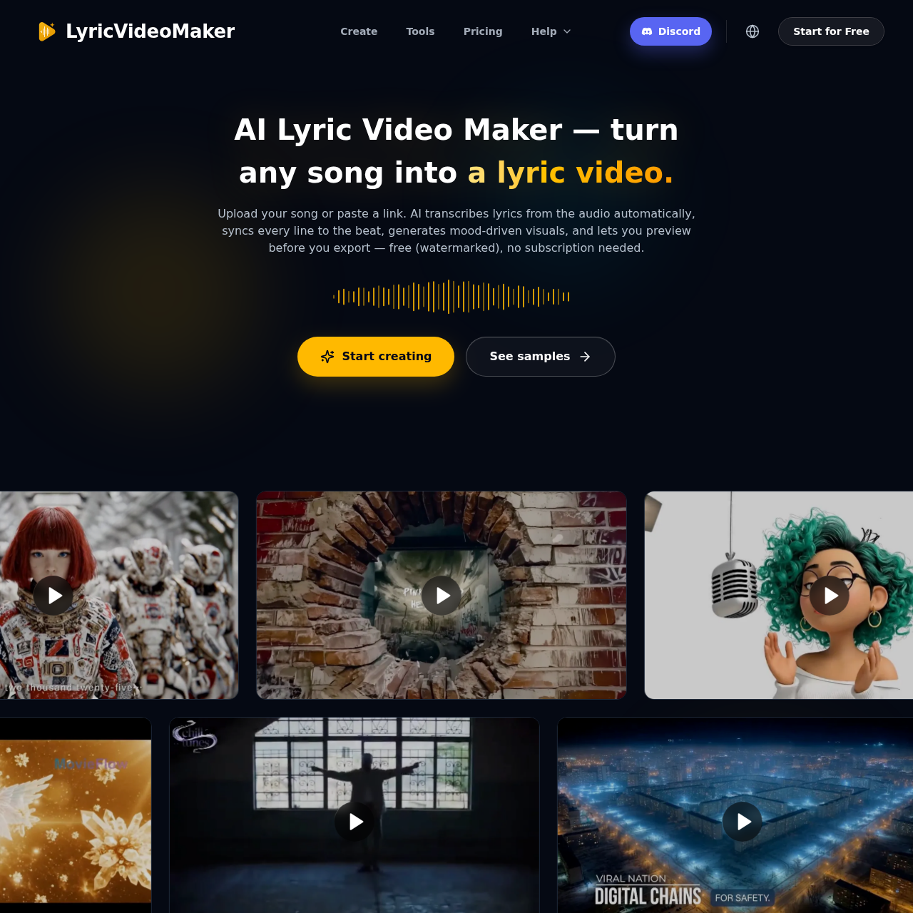 AI lyric video maker that turns any song into a synced lyric video. Auto-transcribe lyrics, pick a style, preview, and export for YouTube, TikTok & Reels.