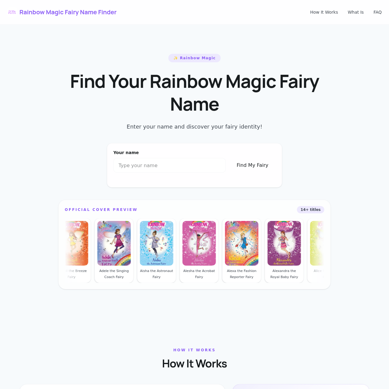 Find your Rainbow Magic fairy name with exact first-name matching