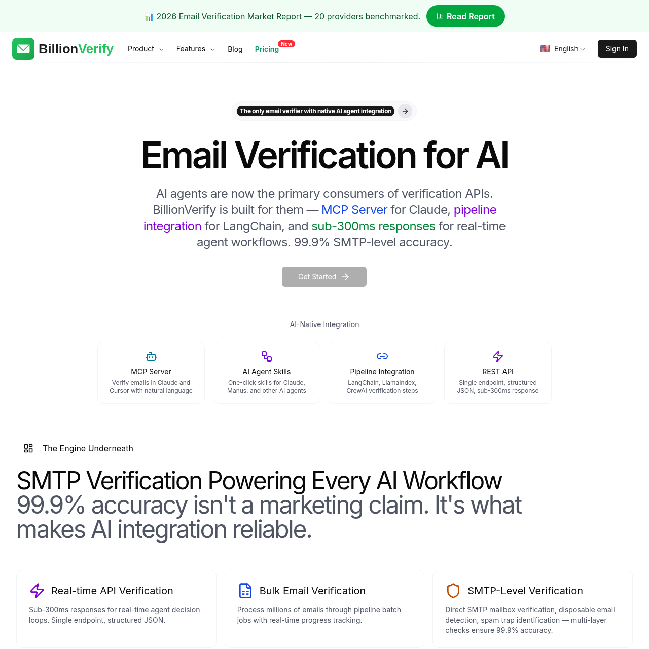 Email verification with 99.9% accuracy, real-time SMTP checks, bulk cleaning, and API.
