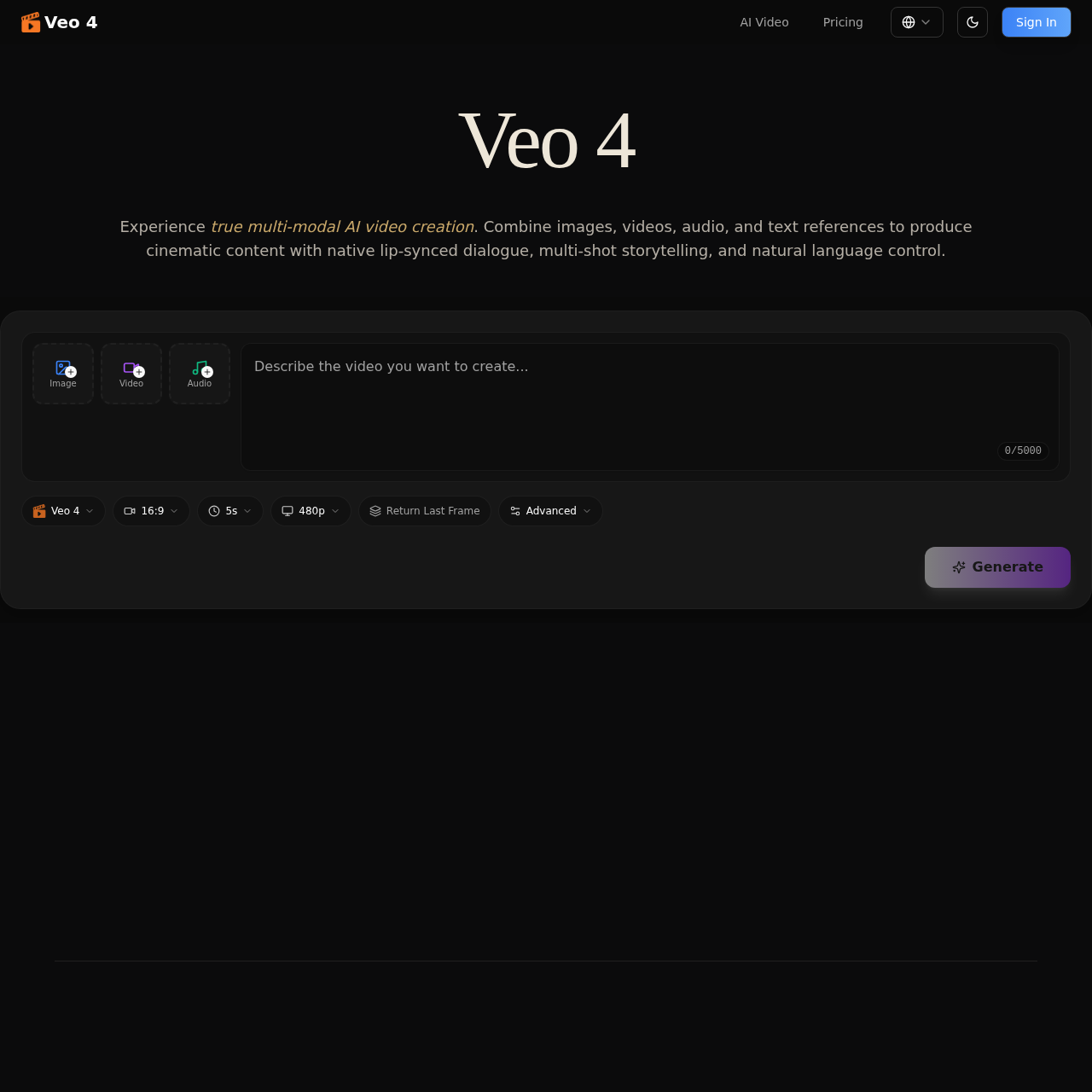 Veo 4: Multi-Modal AI Video Generator - Cinematic Videos with Native Audio