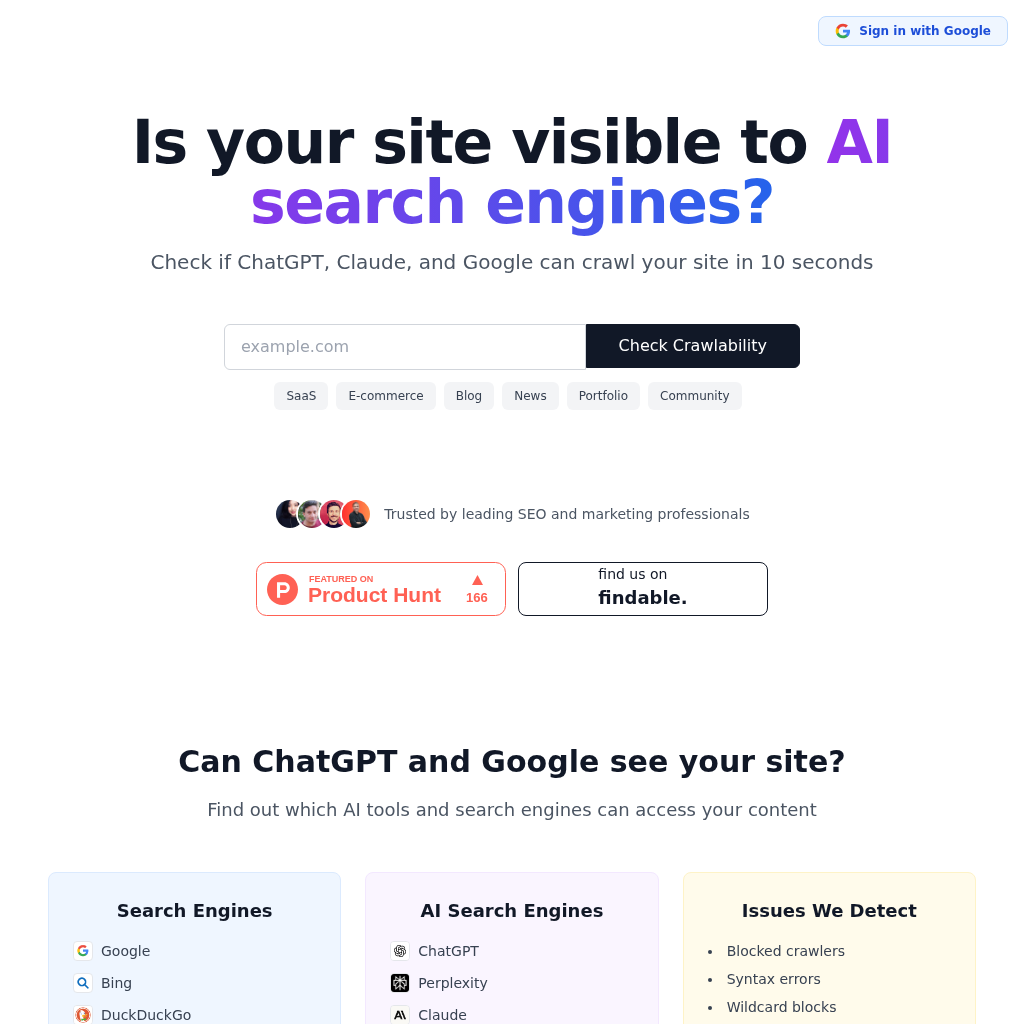 Check if ChatGPT, Claude, and Google can crawl your site in 10 seconds.