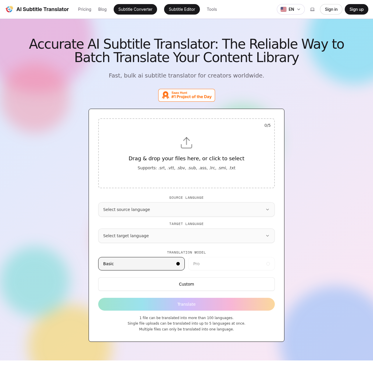 Fast, accurate AI subtitle translation for SRT, VTT, SBV, SUB, ASS, LRC, SMI files