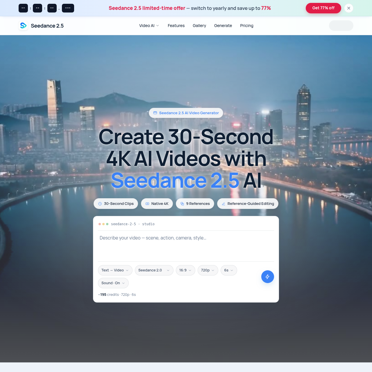 AI video generator for text, photo, and reference-based clips up to 30 seconds