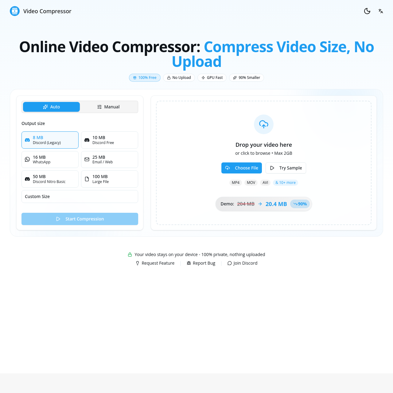Compress video files online — no upload, 100% private, free